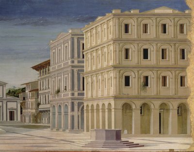 Panelde 80057 yağın 1470 detayından sonra İdeal Şehir veya Tanrı Şehri görünümü by Luciano Laurana