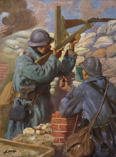 Siperlerde periskoplu özel olarak uyarlanmış bir keskin nişancı tüfeği kullanan Fransız askeri, Birinci Dünya Savaşı by Lucien Hector Jonas