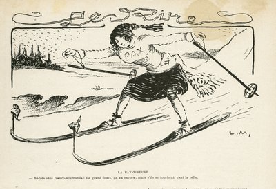 Resimde Le Rire, 24/02/12 - La pax-tineuse - Almanya Prusya, Spor, Barış, Kayak, Kar, Fransız-Alman ilişkileri, Birinci Dünya Savaşı - Marianne - Spor, Alegori (gravür) by Lucien Metivet
