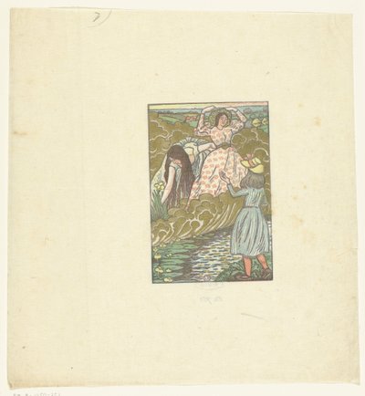 Bir dere kenarında bir kız ve iki kadın Balıkların Kraliçesi by Lucien Pissarro