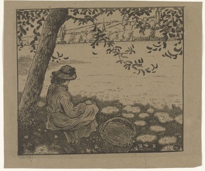Kız bir çayırda bir ağacın altında by Lucien Pissarro