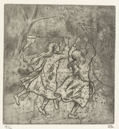 Kelebekleri yakalayan iki kız by Lucien Pissarro