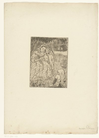 Çayırda iki kız olan kadın by Lucien Pissarro