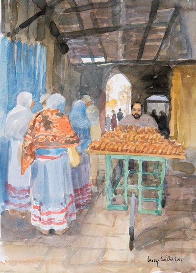 Eski Şehirde Simit Satıcısı, Kudüs, 2019 (kağıt üzerinde w/c) by Lucy Willis
