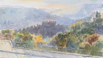 Hills Beyond the City, Sunrise, Jerusalem, 2019 (kağıt üzerinde w/c) by Lucy Willis