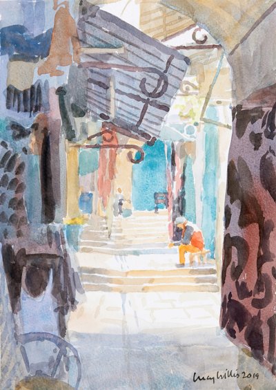 Market Steps, Old Jerusalem, 2019 (kağıt üzerinde w/c) by Lucy Willis