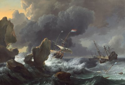 Kayalık Bir Sahilde Tehlike Altındaki Gemiler by Ludolf Backhuysen