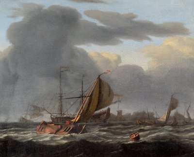 Dalgalı Bir Denizde Demir Atmış Bir Savaş Gemisi (tuval üzerine yağlıboya) by Ludolf I Backhuysen