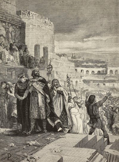 Ugo ve Marozia'nın evliliği, papanın huzurunda düğün alayı, Lodovico Pogliaghi'nin (1857-1950) tablosundan E Mancastroppa'nın gravürü, L'Illustrazione Italiana'dan, yıl 16, sayı 18, 5 Mayıs by Ludovico Pogliaghi