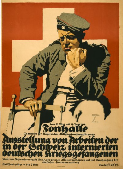 Tonhalle ... İsviçre'de tutuklu bulunan Alman savaş esirlerinin eserlerinin sergilendiği pub. 1918'de (renkli lito) by Ludwig Hohlwein