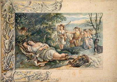Uyuyan Diana ve Arkadaşları (kağıt üzerine grafit üzerine sulu boya) by Ludwig Sigismund Ruhl