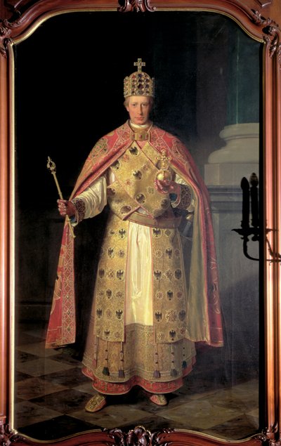 Francis II, Kutsal Roma İmparatoru, İmparatorluk amblemi giyiyor by Ludwig or Louis Streitenfeld