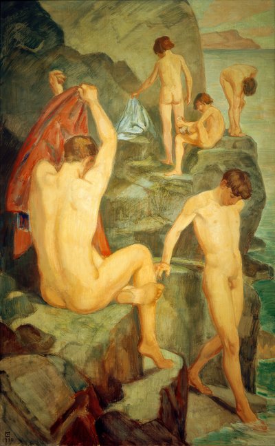 Siyah kayanın üzerinde yıkananlar by Ludwig von Hofmann