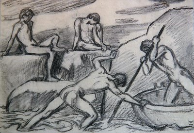 Yeşil bir sahilde çıplak kayıkçı ve gençler (kağıt üzerinde grafit) by Ludwig von Hofmann