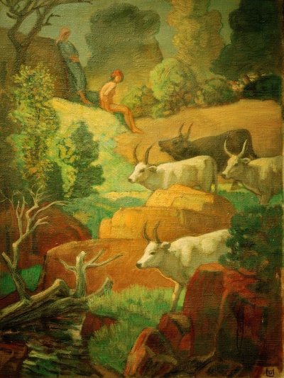 İçme noktasında sığır by Ludwig von Hofmann