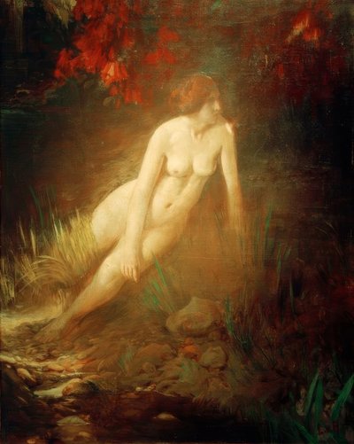 Çiçeklerle büyümüş kayalık bir bankada çıplak kadın by Ludwig von Hofmann