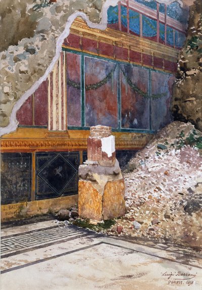 Gümüş Düğün Evi, hasarlı çelenk freski, kazı sırasında yerinde görüldüğü gibi, Pompeii, 1897 by Luigi Bazzani