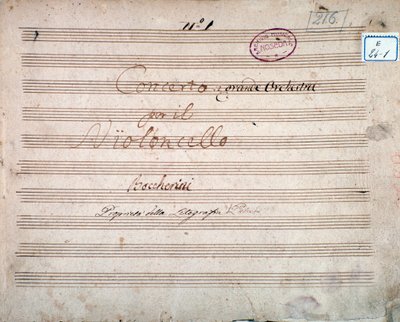 Luigi Boccherini tarafından E bemol viyolonsel ve orkestra için Konçerto puanının yazarı tarafından imzalanan ilk sayfa by Luigi Boccherini