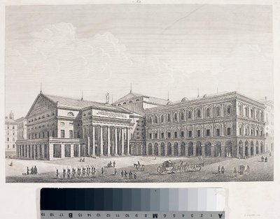 Cenova'daki Carlo Felice Tiyatrosu ve Accademia Sarayı'nın görünümü (Etching by Luigi Garibbo