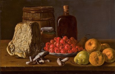 Azarol elma, meyve, mantar ve peynirli bir tabağın natürmort by Luis Egidio Melendez