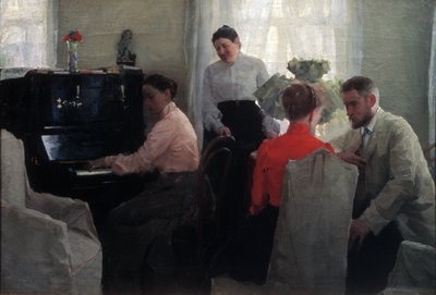 Talip (biri piyano çalan iki kadın refakatçinin gözetiminde kur yapan genç bir adam) (Damat) - Lukian Vasilyevich Popov (1873-1914), tuval üzerine yağlı boya (54x80 cm) by Lukjan Vasilievich Popov