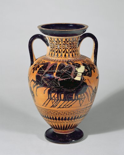 Tekerlekli bir arabayı tasvir eden tavan arası siyah figürlü Amfora, MÖ 520-500 (kil) by Lysippos