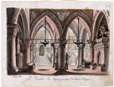 Le tombeau de Charlemagne ve Aix-la-Chapelle - Giuseppe Verdi tarafından Opera Ernani için set tasarımı - M. Conti (1810-1886). Kağıt üzerine suluboya Boyut : 22x29 cm The Morgan Library & Museum, New York by M. Conti