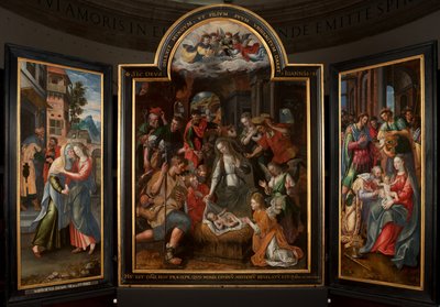 Magi'ye Tapınma, Üç Parça, Orta panel, detay, ahşap üzerine boyama by Maarten de Vos