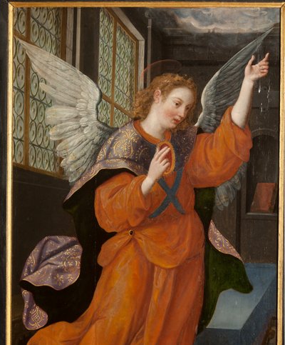 Magi hayranlığı, Üç Parça, Sol panel, arka kısım, detay, ahşap üzerine boyama by Maarten de Vos