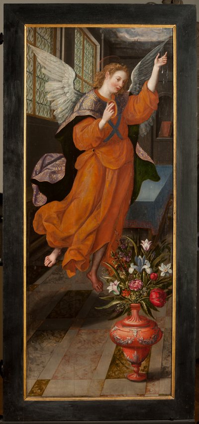 Magi hayranlığı, Üç Parça, Sol panel, arka kısım, ahşap üzerine boyama by Maarten de Vos