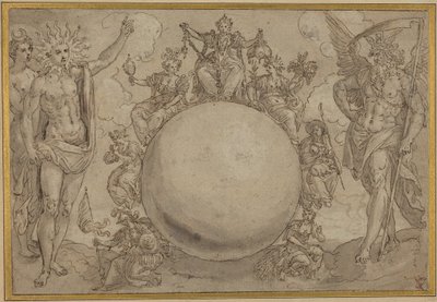 Apollo, Diana ve İnsan Yaşamının Döngüsel Değişimleri ile Zaman, c.1561 (kalem ve kahverengi mürekkep, grafit izleri üzerine gri yıkama, serilmiş kağıt üzerine transfer için kazınmış) by Maarten de Vos