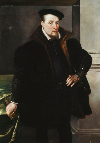 Kürk Astarlı Siyah Paltolu, dörtte üç uzunlukta bir Beyefendinin Portresi, 1551 by Maarten de Vos