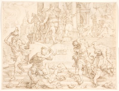 Yoşiya, Baal için yapılan her şeyin yok edilmesini ve rahiplerin öldürülmesini emreder by Maarten van Heemskerck