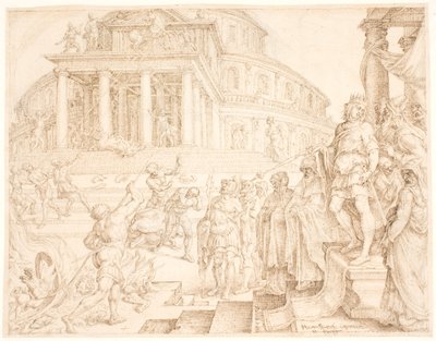 Josiah atların kaldırılmasını ve savaş arabalarının yakılmasını emrediyor by Maarten van Heemskerck