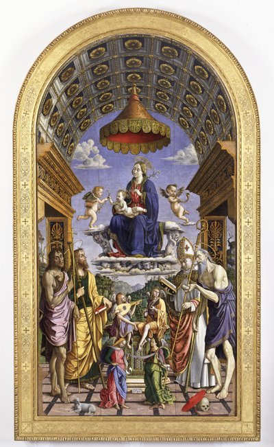Zafer içinde Madonna ve Çocuk, müzisyen melekler ve azizler Vaftizci Yahya, James, Ugo ve Jerome, 1498 by Macrino dAlba