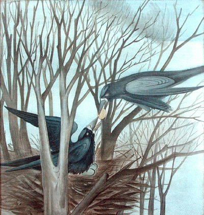 Bir Ağaçta Beslenen İki Kale (kalem ve kağıt üzerine sulu boya) by Madeline Wyndham