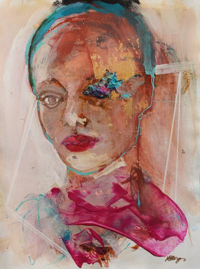 Lost In Thought 2, 2020 (kağıt üzerine akrilik, pastel ve altın varak) by Madgalena Morey