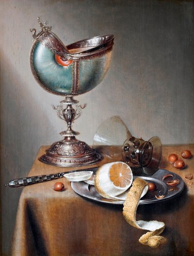 ""Nature morte a la coupe nautile"" (Nautilus Cup ile Natürmort) Peinture de Marten Boelema de Stomme (1611-1644) - Ahşap üzerine yağlıboya Dim 50x38 cm Hallwylska Museet, Stockholm by Maerten Boelema de Stomme