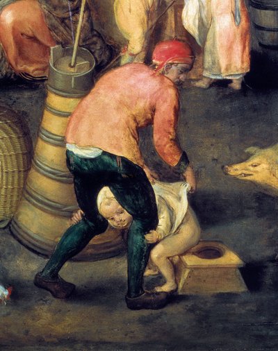 " Flaman ev iç " Bir adam küçük bir çocuğu tencerede tutuyor by Maerten van Cleve