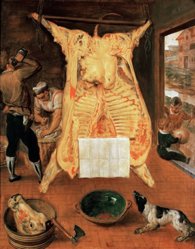 Le boeuf abattu - Kesilen Öküz - Marten van Cleve (van Cleef), Yaşlı (1527-1581). ahşap üzerine yağ by Maerten van Cleve