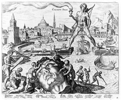 The Colossus of Rhodes, plate 4 from The Eight Wonders of the World, engr. Philips Galle, 1572  by Maerten van Heemskerck