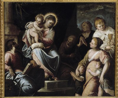 Bakire, Çocuğu teolojik erdemlerle çevrilidir İnanç, Esperance ve Hayırseverlik Alegorisi by Maffeo da Verona