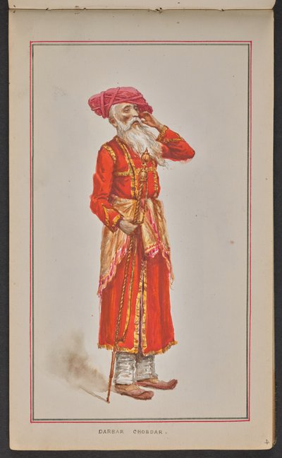 Kolhapur durbarının yaşlı saray görevlisi, kırmızı ceket ve pembe sarık giymiş (kağıt üzerine suluboya) by Mahadev Vishvanath Dhurandhar