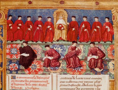 Ten Konseyi Doge merkezdedir. Philippe Ustası tarafından aydınlatılan, Amiral Louis Malet de Graville tarafından gerçekleştirilen, şehrin hükümeti ve rejimi ve Venedik senyörlüğü ile ilgili bir tanımdan veya anlaşmalardan çizilmiş bir minyatürün detayı by Maitre de Philippe de Gueldre