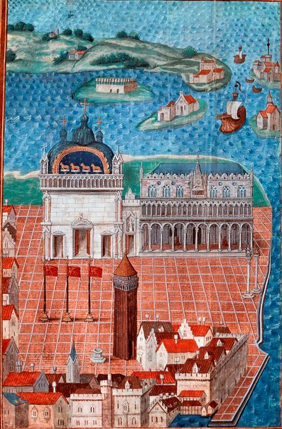 San Marco Meydanı'nın Venedik'teki Doge Sarayı ile görünümü”” Minyatür, Philip de Geldre'nin (1467-1547) Ustası Chantilly'nin ““ Şehrin hükümeti ve rejimi ve Venedik beyliği ile ilgili açıklama veya anlaşmalar”””dan alınmıştır. , Musee Cond by Maitre de Philippe de Gueldre