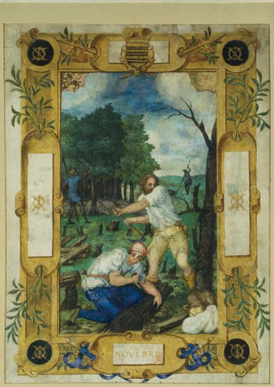 Kasım ayı için takvim sayfası, ağaçların kesilmesi, bir saat kitabından, c.1550-60 by Maitre des Heures de Claude Gouffier