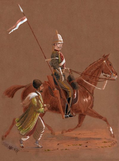 Atının yanında koşan bir Afgan askeriyle binen 9. Lancer'ın askeri by Major General R.G. Woodthorpe