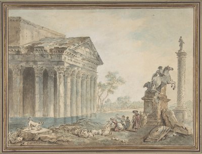 Roma Anıtları ve Yıkayıcı Kadınları ile Mimari Capriccio, nd. by Manner of Hubert Robert
