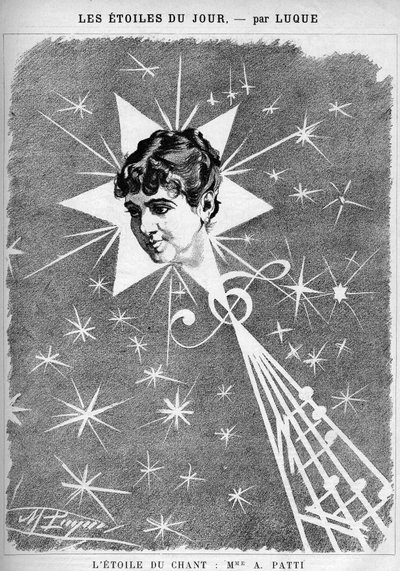 Adelina Patti (1843-1919), İtalyan şarkıcı. "Şarkı söylemenin yıldızı", karikatürist Manuel Luque
