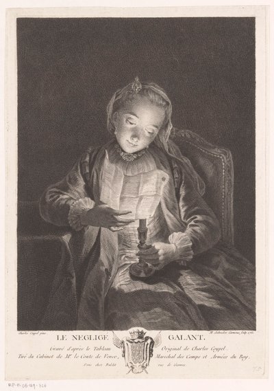 Mum ışığında bir mektup okuyan kız Le neglige gallant (nesne üzerindeki başlık) by Manuel Salvador Carmona